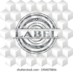 Label realistic grey emblem with geometric cube white background. 