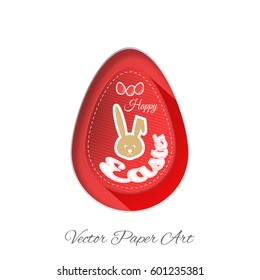 Label of red Easter egg with rabbit silhouette, shadow, line pattern and text on the white background.
