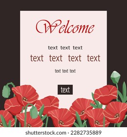 Label of red poppies and copy space on pastel pink background with black frame. Floral vector illustration. for card, packaging label, print.