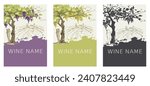Label for red and white wine. Set of vector illustration, design with vine and landscape in the background.	