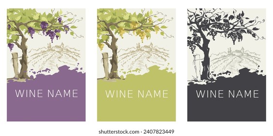 Label for red and white wine. Set of vector illustration, design with vine and landscape in the background.	