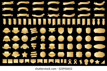 Label ribbon banner gold vector christmas background set with isolated fancy badge vintage sticker and decorative border icon. Festive colorful tag design award of gift  illustration collection