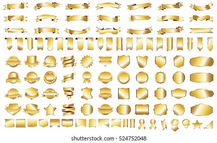 Label ribbon banner gold vector christmas background set with isolated fancy badge vintage sticker and decorative border icon. Festive colorful tag design award of gift  illustration collection