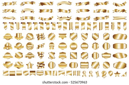 Label ribbon banner gold vector christmas background set with isolated fancy badge vintage sticker and decorative border icon. Festive colorful tag design award of gift  illustration collection