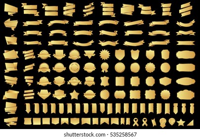Label ribbon banner gold vector christmas background set with isolated fancy badge vintage sticker and decorative border icon. Festive colorful tag design award of gift  illustration collection
