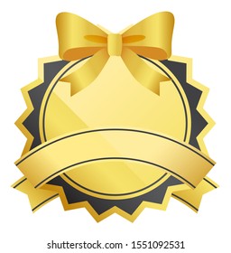 Label with ribbon and bow in round shape. Golden empty frame with band and lines. Postcard glossy decorative element for lettering on white. Luxury icon with tape for greeting and decoration vector