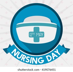 Label with ribbon reminder of Nursing Day and nurse cap in flat style and long shadow.