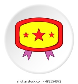 Label with ribbons icon in cartoon style on white circle background. Design symbol vector illustration