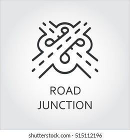 Label Of Road Junction, Icon In Outline Style. Transport Interchange Concept. Sign Drawn In Outline Style. Simple Black Line Logo For Websites, Mobile Apps And Other Design Needs. Vector Pictograph