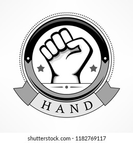 Label with rote front first gestures of human hands isolated on white. Flat. Vector illustration.