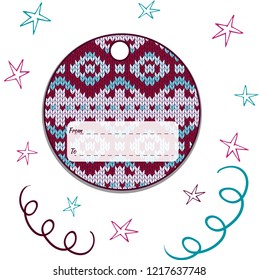 Label round with knitted ornament.