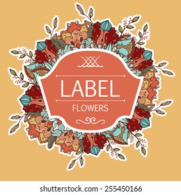 Label with round romantic flowers background. 