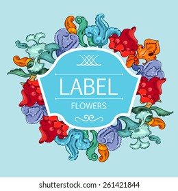 Label with round romantic flowers background. 