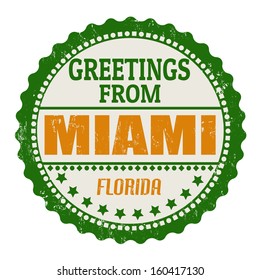 Label or rubber stamp with text Greetings from Miami, vector illustration