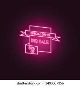 label sale of 50 discount on a ribbon neon icon. Elements of Sale set. Simple icon for websites, web design, mobile app, info graphics