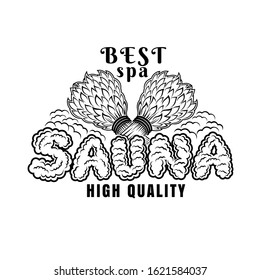 Label for sauna, banya or bathhouse. Two crossed besoms. Word sauna around steam