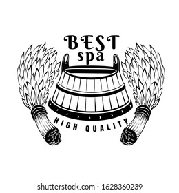 Label for sauna, banya or bathhouse. Wooden tub between two sauna birch broom