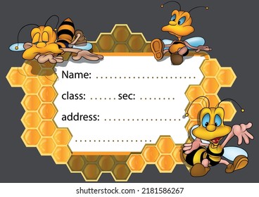 A Label for a School Notebook with Cute Bees on a Honeycomb - Colored Cartoon Illustration Isolated on Gray Background, Vector