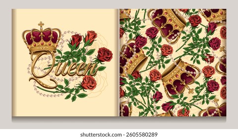 Label, seamless pattern with golden imperial crown, scattered jewelry, pearl necklaces, red roses with stem. Detailed illustrations on beige background. Luxury kitsch vintage style.