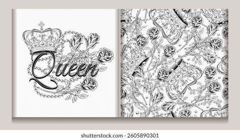 Label, seamless pattern with golden imperial crown, scattered jewelry, pearl necklaces, red roses with stem. Detailed illustrations on beige background. Luxury kitsch vintage style.