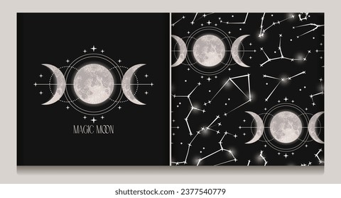 Label, seamless pattern with moon, crescent, stars, triple moon sign and zodiacal constellations. Wicca moon goddess symbol. Astrology, alchemy, boho, magic, mystery concept. Black background Not AI svg