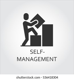 Label of self-management as man builds a graph and goes to top. Simple black icon Logo drawn in flat style. Black shape pictograph for your design needs. Vector contour silhouette on white background.