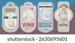Label set. Barrel whiskey, cask wine. Logo retro style, sketch vine alcohol engraving style. Old hand drawn design, winery sign drawing. Drink badge print. Monochrome elegant vector illustration