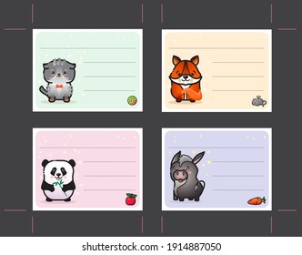 Label set with cute animal for kids. Docket template. Cards with cartoon animals: Fox, Cat, Donkey, Panda. Stationery. Paper sticker collection in flat design. Tag for notepad, notebook. Vector.