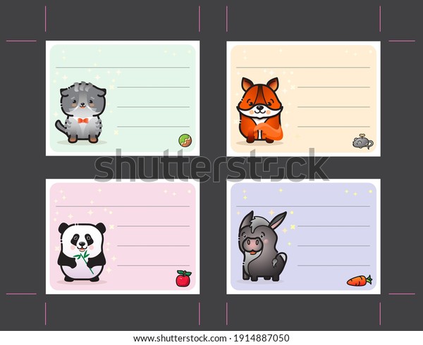 Label set with cute animal for kids. Docket\
template. Cards with cartoon animals: Fox, Cat, Donkey, Panda.\
Stationery. Paper sticker collection in flat design. Tag for\
notepad, notebook.\
Vector.