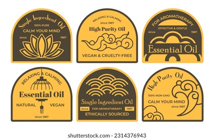 Label set design for essential aromatherapy oil. Package sticker collection with line elements, vector illustration. Spa product package, creative graphic print with signs