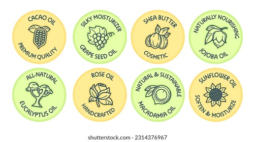 Label set design for natural skin care product. Round sticker collection with organic oil ingredient, vector illustration. Premium quality cosmetics tag with line icon elements svg