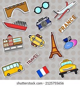 Iconos de juego de etiquetas de los stickers de viajes de Francia y símbolos distintivos de comida nacional.ilustración vectorial