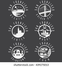 Label set with landmarks of San Francisco California,USA . Wharf , Alcatraz,Business Center ,Golden Gate bridge and Chinatown illustrations.