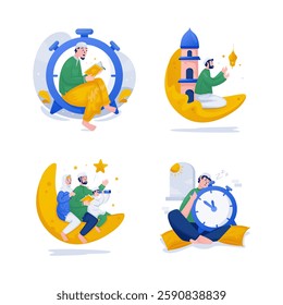 Label set of Muslim character during Ramadan fasting, Muslim family on crescent moon, Reading Quran, A Muslim man is taking a nap, Vector design