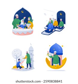Label set with Muslim illustrations performing Ramadan fast, Muslims are praying together, Giving sadaqah zakat, Call for ramadan sahur, Vector design