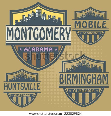 Label set with names of Alabama cities, vector illustration