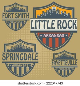 Label set with names of Arkansas cities, vector illustration