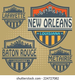 Label set with names of Louisiana cities, vector illustration