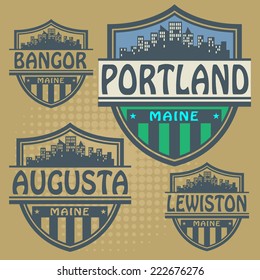 Label set with names of Maine cities, vector illustration