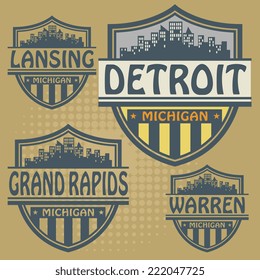 Label set with names of Michigan cities, vector illustration