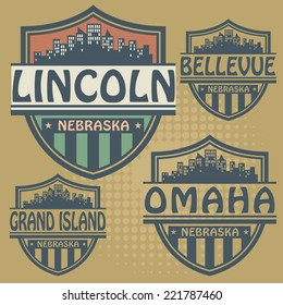 Label set with names of Nebraska cities, vector illustration