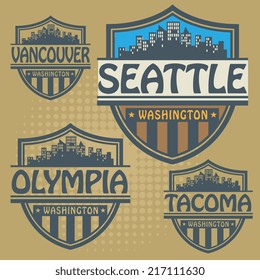 Label set with names of Washington cities, vector illustration