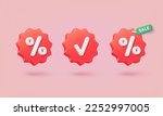 Label set with percent, check mark and discount. App icon. 3D Web Vector Illustrations. 