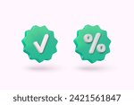 Label set with percent, check mark and discount. App icon. 3D Web Vector Illustrations.