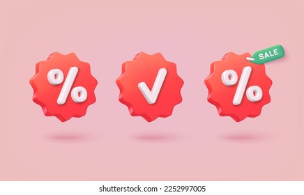 Label set with percent, check mark and discount. App icon. 3D Web Vector Illustrations. 