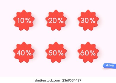 Label set with percent, check mark and discount. App icon. 3D Web Vector Illustrations.