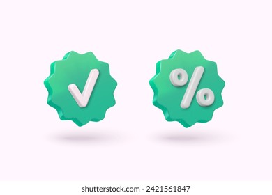 Label set with percent, check mark and discount. App icon. 3D Web Vector Illustrations.