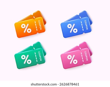 Label set with percent, check mark and discount. App icon. 3D Web Vector Illustrations.