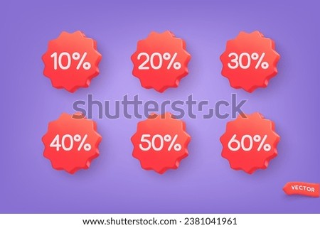 Label set with percent, check mark and discount. App icon. 3D Web Vector Illustrations.