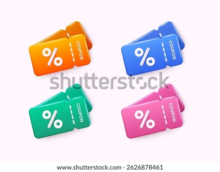 Label set with percent, check mark and discount. App icon. 3D Web Vector Illustrations.